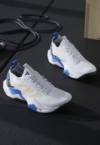 Coppia di scarpe da ginnastica bianche con dettagli blu e beige su un pavimento scuro della palestra vicino a una corda per saltare nera e una scatola di legno.