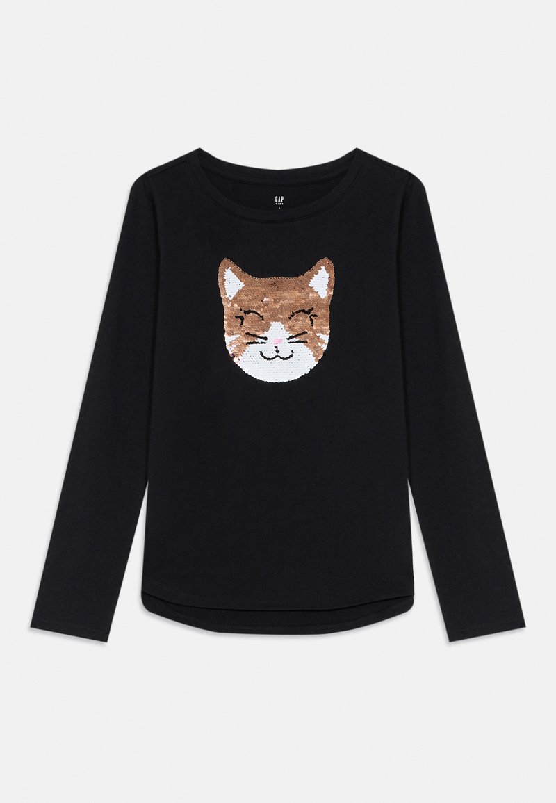 Svart långärmad tröja med ett leende kattansikte gjort av bruna och vita paljetter i mitten fram.