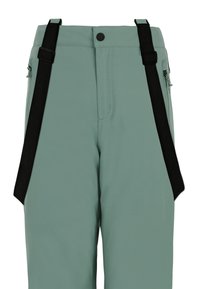 Lichtgroene broek met zwarte bretels, voorzien van een voorknoop en ritsluiting, en zijrits, zodat je spullen kunt opbergen.