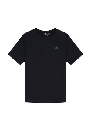 Μαύρο αθλητικό κοντομάνικο μπλουζάκι με στρογγυλή λαιμόκοψη και μικρό σκούρο λογότυπο στο αριστερό στήθος.