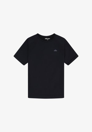 Černé atletické tričko s krátkými rukávy, kulatým výstřihem a malým tmavým logem na levé straně hrudi.