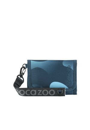 Blue fabric wallet with abstract patterns, secured by a flap, and a black strap attached with a clasp and snap button.
