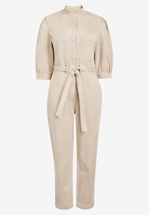 Beige heldragt med lange ærmer, høj krave, bælte bundet foran i taljen, to brystlommer og ben med smal pasform.