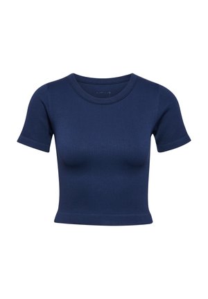 Navyblauwe geribbelde katoenen mix korte mouw top met een ronde halslijn en een getailleerd ontwerp, met een soepele textuur en zonder zichtbare patronen.