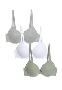 Trois soutiens-gorge : un gris, un blanc et un vert olive. Chacun a une finition lisse, des bonnets rembourrés, des bretelles ajustables et une coupe classique.