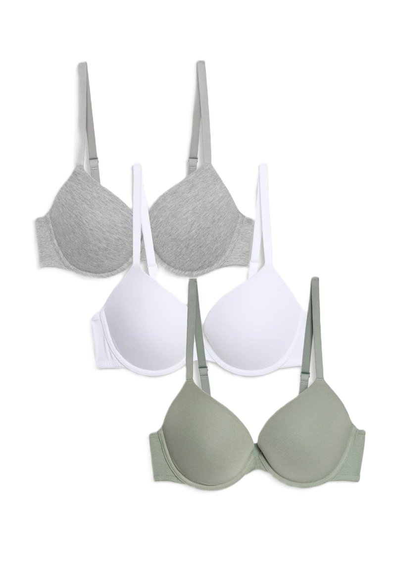 Trois soutiens-gorge : un gris, un blanc et un vert olive. Chacun a une finition lisse, des bonnets rembourrés, des bretelles ajustables et une coupe classique.