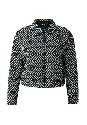 Schwarze und weiße, taillierte Jacke mit geometrischem Diamantmuster, Reißverschluss, Stehkragen und kontrastierender Textur.