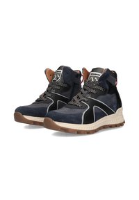 Hoge sneakers met een marineblauwe suède en zwarte synthetische bovenkant, met een witte rand, contrasterende veters en een gestructureerde rubberen zool.