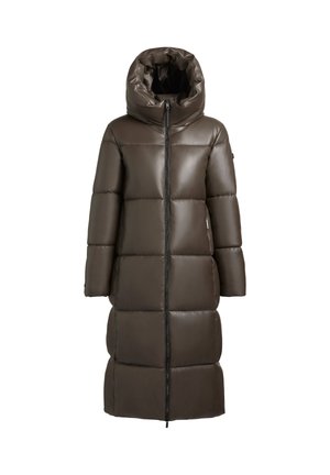 Puffer coat in dark brown with a shiny, smooth finish. Features a full-length zipper, large hood, and quilted design with rectangular segments.