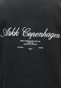 Μαύρο ύφασμα με λευκό κείμενο "Arkk Copenhagen", συντεταγμένες "55°40'34"N 12°34'06"E" και μικρότερες λέξεις "Innovation", "Included" και "©2025".