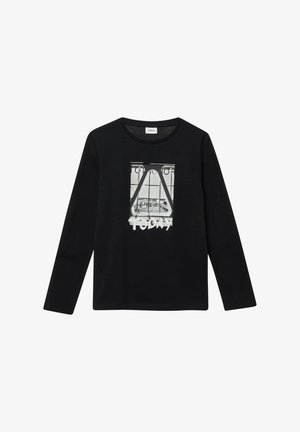 T-shirt noir à manches longues en coton avec un motif graphique d'un pont et le mot "AUJOURD'HUI" en blanc. Encolure arrondie et texture douce.