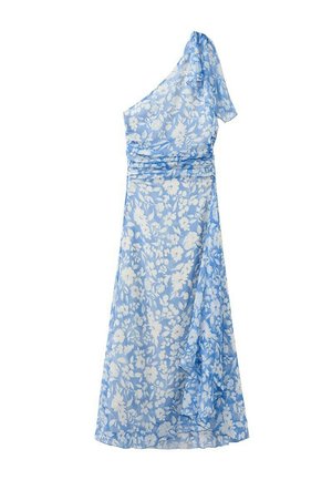 Vestido azul claro de un solo hombro con estampado floral blanco, detalle de volantes asimétricos y cintura ajustada.