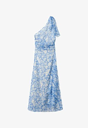 Robe bleu clair à une épaule avec imprimé floral blanc, détail volant asymétrique et taille cintrée.