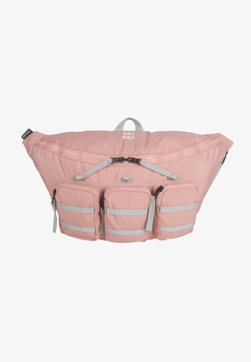 Pink fabric waist bag with a wide, rounded shape, featuring a front zipper and three small front pockets with gray straps.