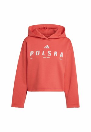 Korallowa krótka bluza z kapturem, długimi rękawami oraz białym napisem "POLSKA", logo Adidasa, "2026", "Winter Sports" i "Team PL" na przodzie.