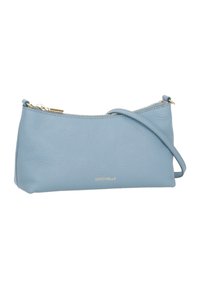 Borsetta da polso in pelle azzurro chiaro con cerniera dorata, tracolla singola e logo "Coccinelle" in lettere dorate sul davanti.