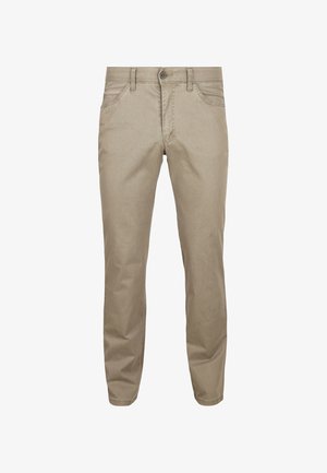 Beige chinos made of cotton blend, featuring a slim fit, standard five-pocket design, and a single button closure. Smooth texture and minimal detailing.