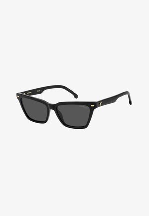 Lunettes de soleil rectangulaires noires avec des montures épaisses et des verres foncés, présentant de petits accents dorés et le logo Carrera sur les branches.
