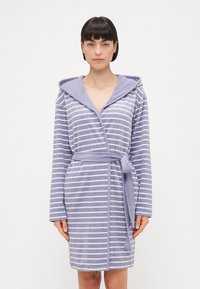 Purple striped bathrobe with a hood, made of soft fabric. Features long sleeves, a waist tie, and a knee-length cut with even stripes.