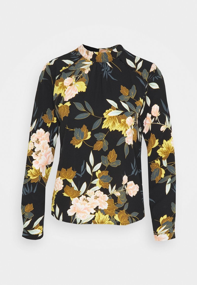 Blouse noire à manches longues avec col montant, présentant un motif floral en jaune, rose, marron, et feuilles vertes.
