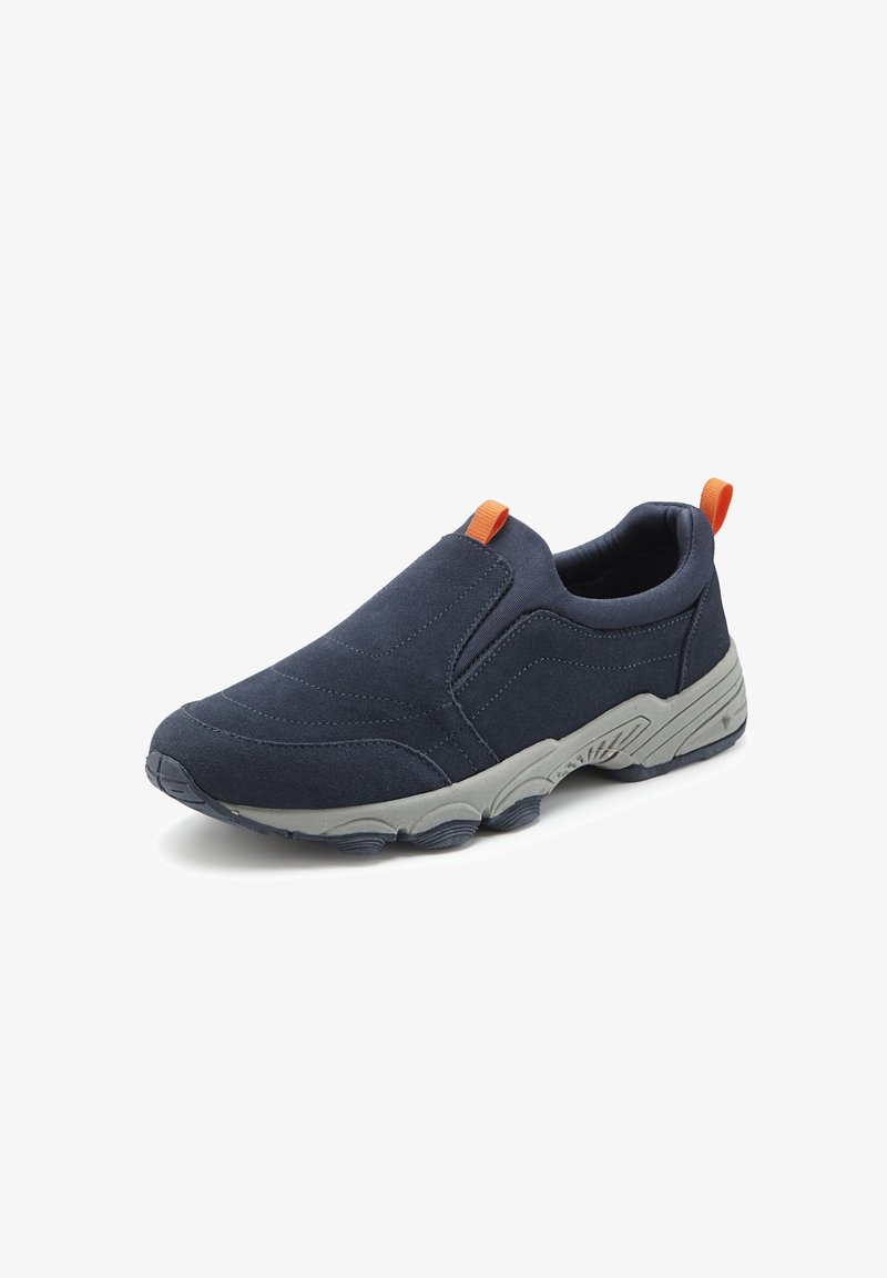 Dark blue slip-on sneaker with gray sole, orange pull tabs on tongue and heel, and cushioned collar for comfort.