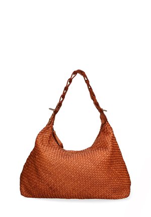 Woven leather Handtasche, Rostfarbe, runde Form, geflochtenem Griff, weiche Textur, verstärkte Nähte, mit Beschlägen in Goldfarbe.