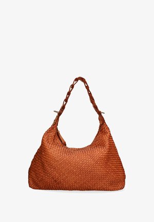 Woven leather handbag, rust color, rounded shape, braided handle, soft texture, reinforced stitching, with gold-tone hardware accents.
