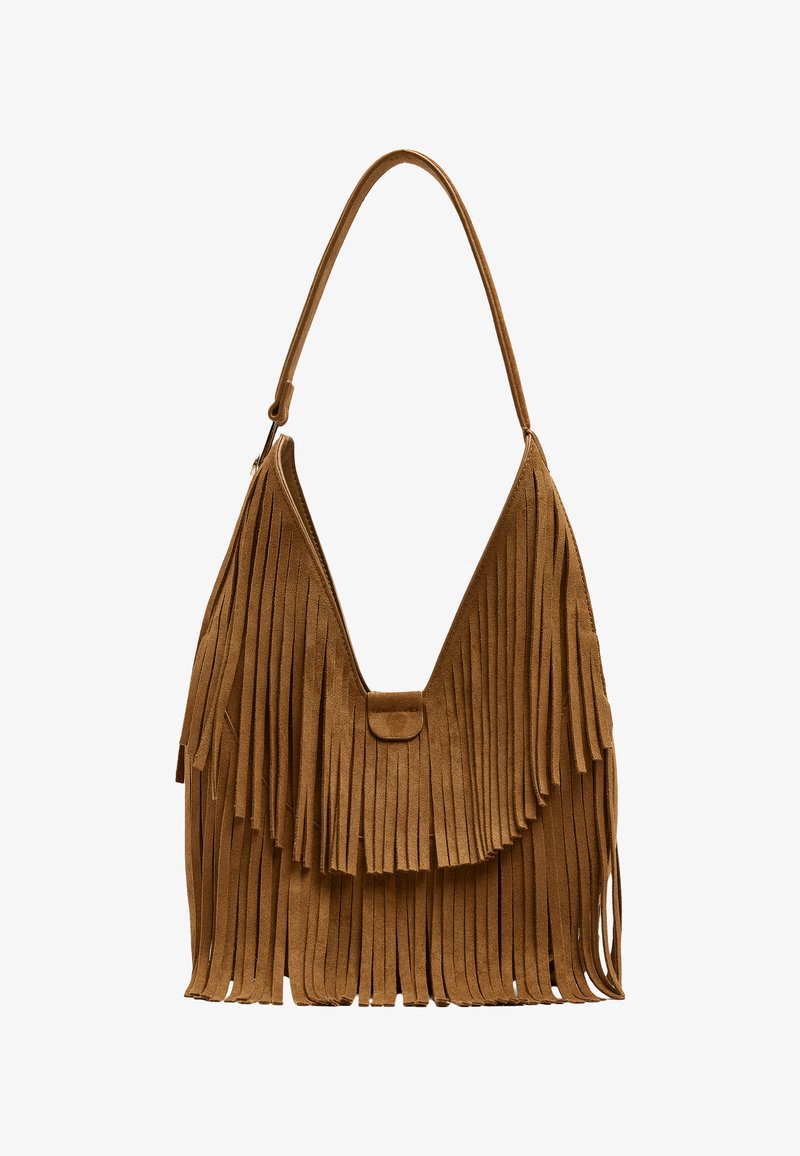 Brązowa zamszowa torba na ramię z warstwowymi frędzlami i pojedynczym paskiem z małą klapą z przodu.