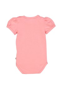 Bodysuit per neonato in cotone rosa con maniche a sbuffo corte, colletto rotondo e chiusure a pressione sul fondo. Tessuto morbido, design semplice.