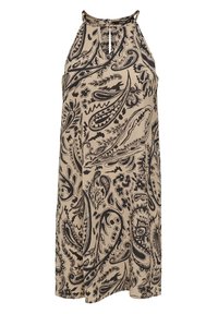 Robe beige à col halter avec motif cachemire noir, dotée d'une ouverture en forme de goutte à l'avant, sans manches, et fabriquée en tissu doux et texturé.