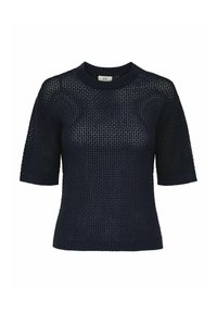 Maglione a maglia blu navy con un motivo a rete morbido, maniche corte, collo rotondo e tessuto testurizzato per la traspirabilità.