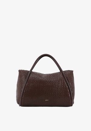 Brown woven leather handbag with rounded shape, dual handles, and subtle gold logo detail. Textured surface adds dimension.