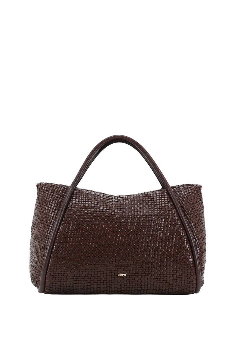 Braune geflochtene Lederhandtasche mit runder Form, doppelten Griffen und dezentem goldenen Logo-Detail. Die strukturierte Oberfläche fügt Dimension hinzu.