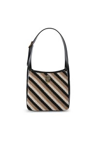 Torebka dziergana z ukośnymi czarnymi i beżowymi paskami, z czarnym skórzanym paskiem i ozdobnym złotym metalowym akcentem z przodu.
