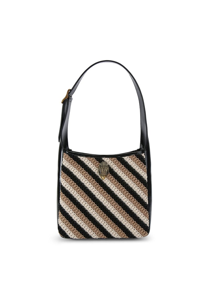 Torebka dziergana z ukośnymi czarnymi i beżowymi paskami, z czarnym skórzanym paskiem i ozdobnym złotym metalowym akcentem z przodu.