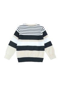 Maglione a righe con strisce orizzontali nei colori blu navy, bianco e beige. Realizzato in morbido tessuto a maglia, presenta un colletto rotondo e polsini a costine.