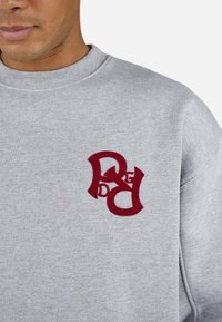 Gray sweatshirt featuring a textured, embroidered red graphic logo on the left chest area. Rounded neckline and ribbed cuffs.