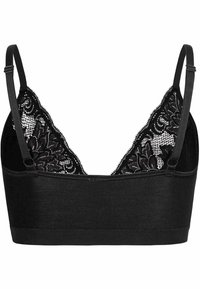 Zwarte bralette met kantafwerking, zachte stof, verstelbare bandjes, driehoekige cups en een naadloze band. Bloemige kantaccenten bij de halslijn.