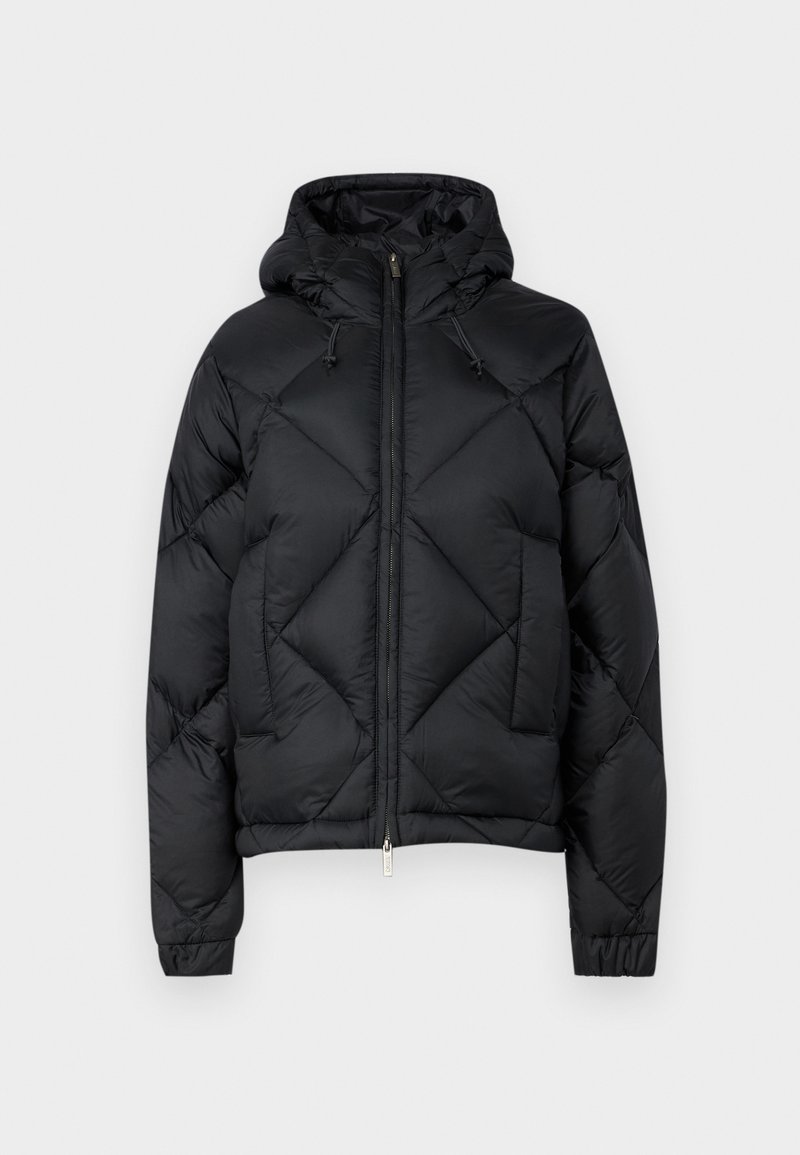 Black puffer jacket with a hood, diamond quilted design, front zipper, and elastic cuffs. Smooth texture, insulated for warmth.