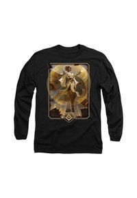 Black long-sleeve t-shirt featuring a graphic design of a character in white robes with golden accents, standing amid intricate patterns.