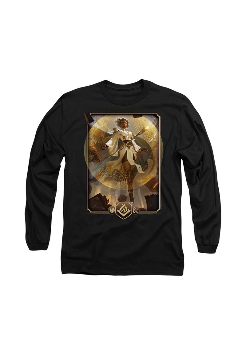 Black long-sleeve t-shirt featuring a graphic design of a character in white robes with golden accents, standing amid intricate patterns.