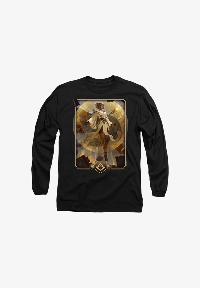 Black long-sleeve t-shirt featuring a graphic design of a character in white robes with golden accents, standing amid intricate patterns.