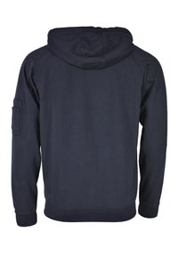 Navyblauwe hoodie met een relaxed fit, met lange mouwen, ribgebreide manchetten en een decoratieve armzak. Zachte stofstructuur.