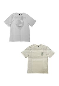 Two T-shirts are displayed: one white with a graphic print, and one cream with a small green palm logo on the chest. Both are short-sleeved.