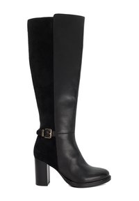 Knee-high black leather and suede boot with a chunky high heel, featuring a side buckle accent and smooth texture.