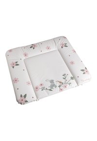 Padded play mat with white base, featuring pink flowers and a gray rabbit illustration. Edges are cushioned for safety and comfort.