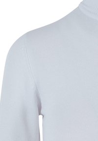 Maglione azzurro chiaro a dolcevita realizzato in tessuto lavorato a maglia; presenta una texture a coste e maniche lunghe. Dettaglio ravvicinato del collo e della parte superiore della manica.