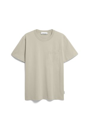 Beige katoenen t-shirt met korte mouwen, ronde hals en een borstzak. Glad textuur met een ontspannen pasvorm en minimalistisch ontwerp.