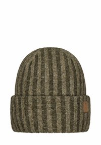 Knit beanie in dark olive green and gray, featuring vertical stripes and a folded cuff. Includes a small leather patch detail.