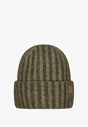 Knit beanie in dark olive green and gray, featuring vertical stripes and a folded cuff. Includes a small leather patch detail.